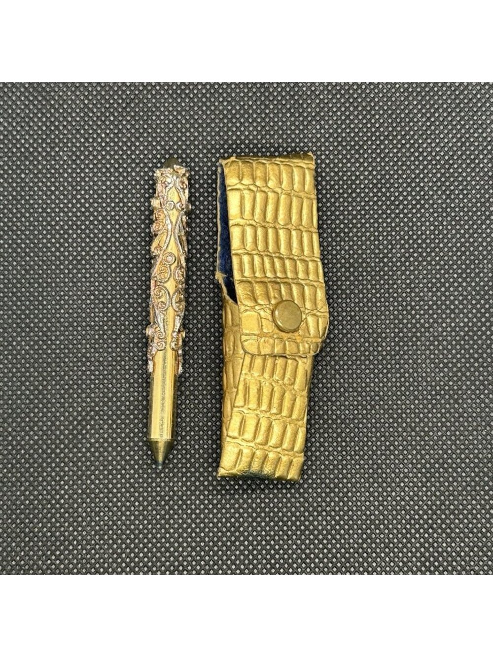 Vtg 1950s Gold Tone Filigree Ornate Miniature Pen With Gold Pouch Case 3”